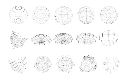 Set of wireframe geometric shapes with connected lines and dots. Collection of 3d objects isolated on white background.
