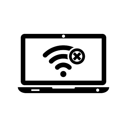 No connection laptop. Wi-fi sign with off signal. No internet symbol. Vector illustration flat design. Isolated on white background. Wi-fi pictogram.