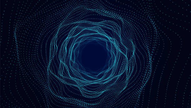 ilustraciones, imágenes clip art, dibujos animados e iconos de stock de túnel de wireframe dinámico abstracto sobre fondo negro. profundo agujero de gusano ondulado. flujo de partículas futurista. ilustración vectorial. - ai