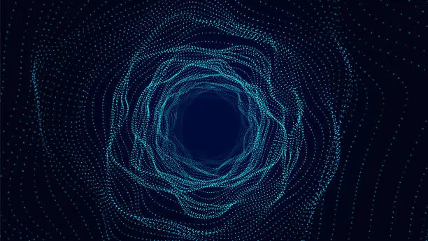Vector illustration of Abstract dynamic wireframe tunnel on black background. Deep wavy wormhole. Futuristic particle flow. Vector illustration.