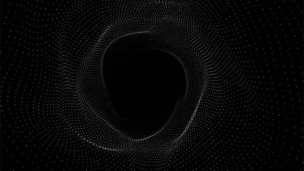 Vector illustration of Abstract dynamic wireframe tunnel on black background. Deep wavy wormhole. Futuristic particle flow. Vector illustration.