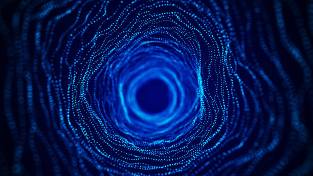 istock Abstract dynamic wireframe tunnel on blue background. Deep wavy wormhole. Futuristic particle flow. 3d rendering. 1397492877