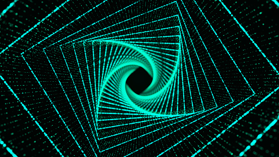 Abstract dynamic wireframe tunnel on green background. Futuristic 3D portal. Futuristic particle flow.