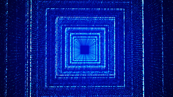Abstract dynamic wireframe tunnel on blue background. Futuristic 3D portal. Futuristic particle flow.