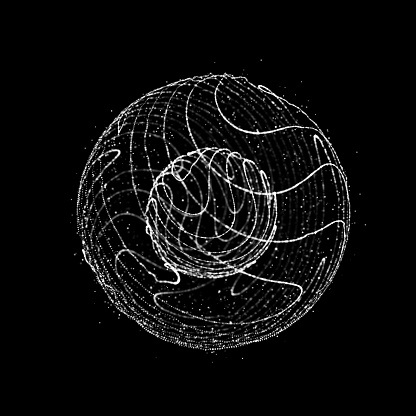 Sphere with curved lines of particles on a black background. Twisting glowing lines. Global network connection. Futuristic technology style.