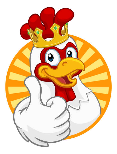 King Chicken Rooster Cockerel Bird Crown Cartoon A chicken rooster cockerel bird cartoon character in a kings gold crown giving a thumbs up chicken thumbs up design stock illustrations