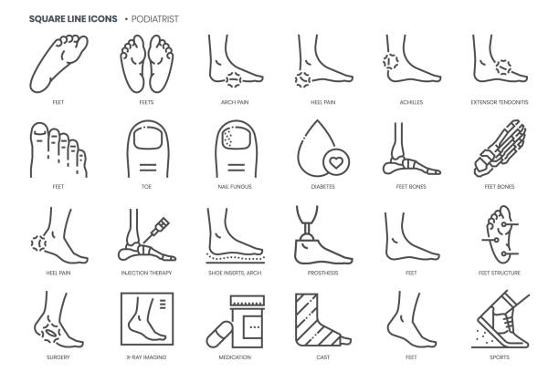 ilustrações, clipart, desenhos animados e ícones de relacionado ao podólogo, pixel perfeito, traçado editável, conjunto de ícones vetoriais de linha quadrada escalável. - human foot