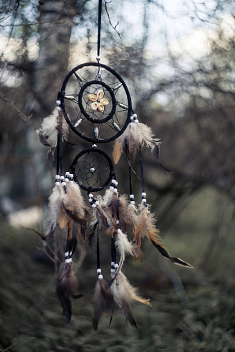 Dreamcatcher hanging in the forest. Mystical shaman amulet