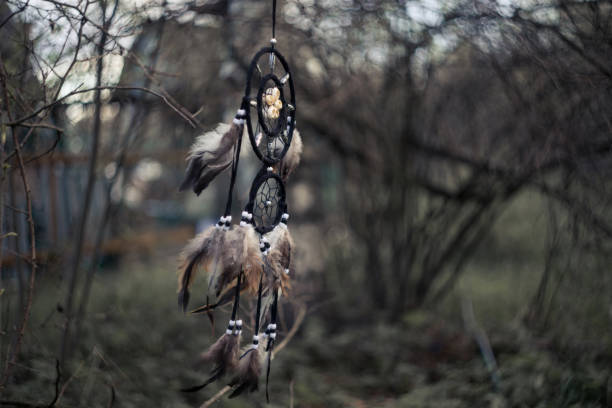 Dreamcatcher hanging in the forest. Mystical shaman amulet