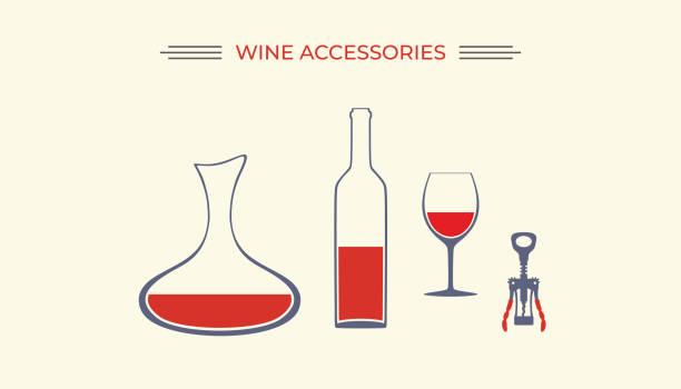 ilustraciones, imágenes clip art, dibujos animados e iconos de stock de juego de accesorios de vino. copa de vino. botella de vino. cristalería. sacacorchos. decantador. sumiller. bodega. vinificación. - decanter