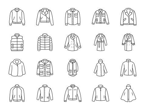 Outerwear clothes doodle illustration including icons - waterproof raincoat, windbreaker, peacoat, parka, wind cheater, tracksuit, motorbike jacket. Thin line art about apparel. Editable Stroke.