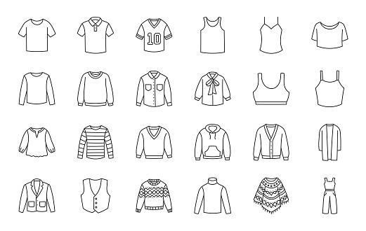 Clothes top doodle illustration including icons - sweater, jacket, polo shirt, sweatshirt, hoodie, pullover, suit, longsleeve sportswear, vest, blouse. Thin line art about apparel. Editable Stroke.