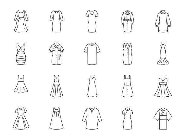 одежда платья каракуль иллюстрация включая иконки - современная сексуальная одежда, вечерняя, чхонсам, японское кимоно, сарафан, бондаж, са� - baby doll dress stock illustrations
