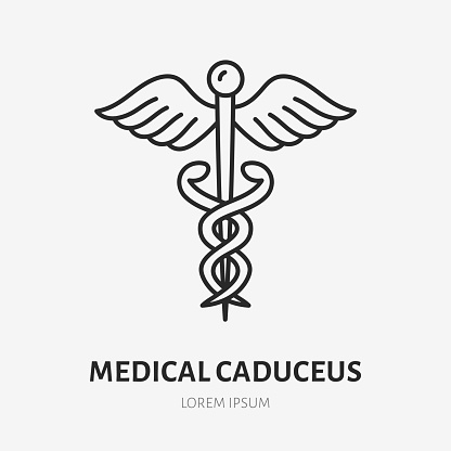 Medical caduceus doodle line icon. Vector thin outline illustration of snake, wings and scepter. Black color linear sign for hospital emblem.