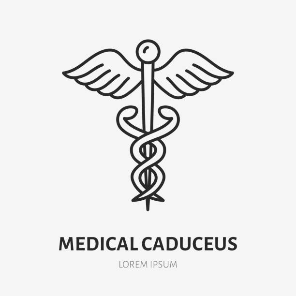 medical caduceus doodle line icon. vector thin outline illustration of snake, wings and scepter. black color linear sign for hospital emblem - 醫療標誌 幅插畫檔、美工圖案、卡通及圖標