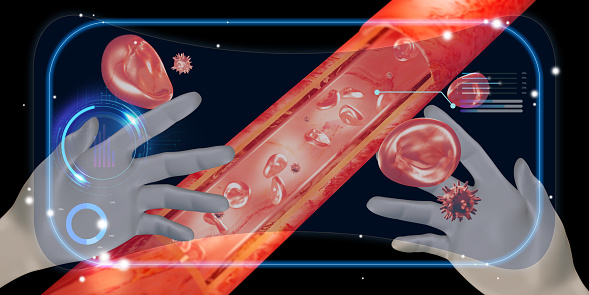hematopoietic vascular and leukemia vr glasses medical diagnostic screen Digital Interface Technology VR Metaverse 3d Illustration