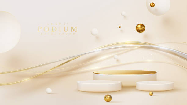 istock Product display podium with golden curve line element and ball decoration and glitter light effect. 1397500558