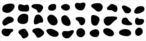 Vector illustration of Set of different blotch shapes. Random abstract liquid shapes, round abstract organic elements. Pebble, drops and blobs silhouettes. Simple rounded shapes. Vector illustration