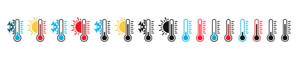 sammelthermometer zeigen kälte- und wärmesymbole. vektor im flat design - thermometer stock-grafiken, -clipart, -cartoons und -symbole