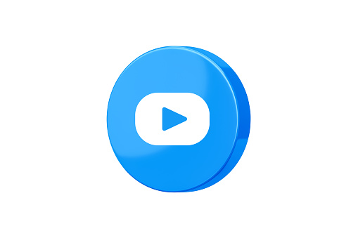 Blue social media video 3d icon isolated on white background with music application channel symbol or digital network communication sign and mobile community technology app minimal bubble template.