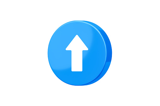 Blue up arrow 3d icon isolated on white background with growth development direction symbol or complete business forward achievement planning and success upwards target sign of growing simple button.