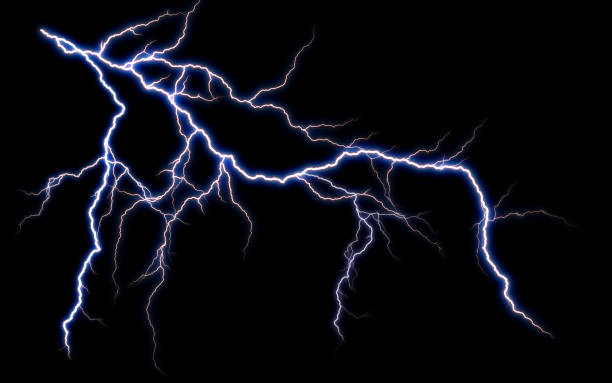 massive lightning bolt with branches isolated on black background. branched lightning bolt. electric bolt. - bliksem stockfoto's en -beelden