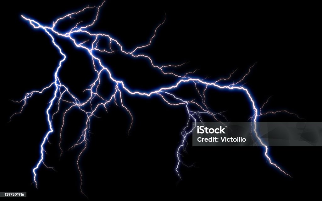 Massive lightning bolt with branches isolated on black background. Branched lightning bolt. Electric bolt. Lightning Stock Photo