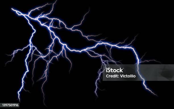 Massive Lightning Bolt With Branches Isolated On Black Background Branched Lightning Bolt Electric Bolt Stock Photo - Download Image Now