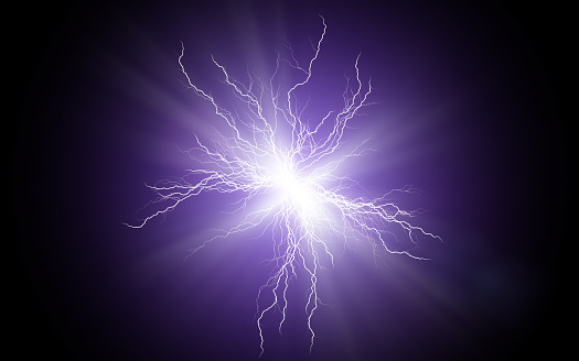 Flash of electric bolt. Lightning strikes. Electric storm. Electric lighting effect. Abstract techno and power industry backgrounds.