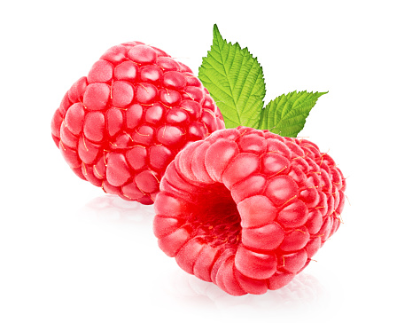 Two raspberry berries with green leaves isolated on white background.