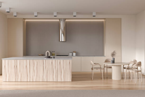 istock Stylish kitchen interior with countertop and dining area, appliances 1397502889