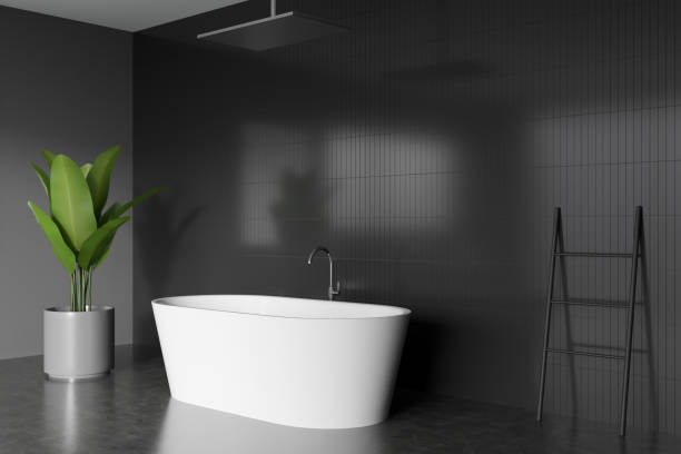 istock Corner view on dark bathroom interior with bathtub, plant 1397503418