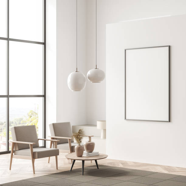 istock Light guest room interior with seats and panoramic window, mockup frame 1397503703