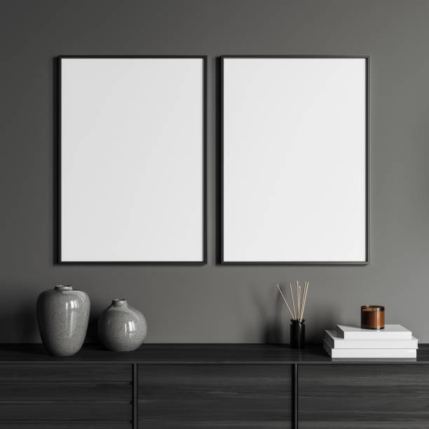 istock Grey gallery room interior with drawer and decoration, mockup frames 1397503778