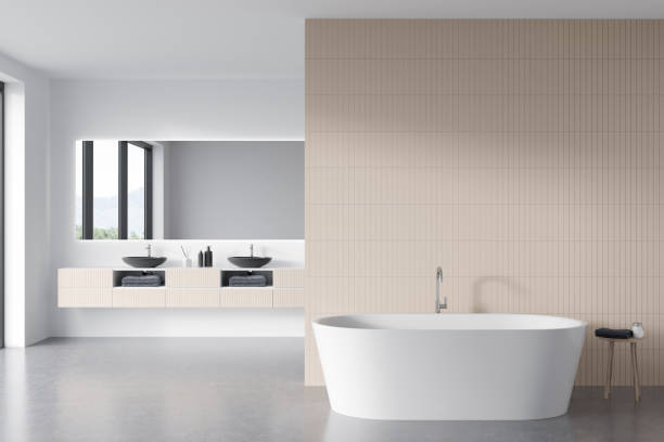 istock Front view on bright bathroom interior with bathtub, large mirror 1397503784