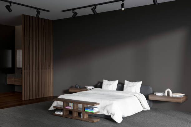 istock Grey hotel interior with bed and sink, nightstand and carpet. Mockup 1397503800