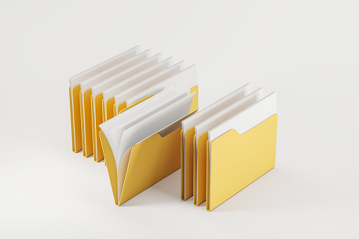 Row of folders with paper documents, white background. Heap of files in row. Concept of structure and information. 3D rendering