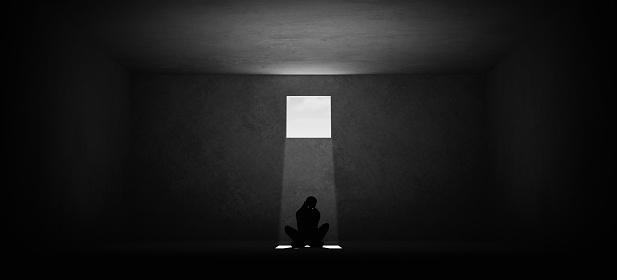 Woman Trapped Domestic Violence Relationship Nightmare concept Abuse Depression Sitting Alone in a Room with a Small Square Window Black and White Low Key Mental Health 3d illustration render
