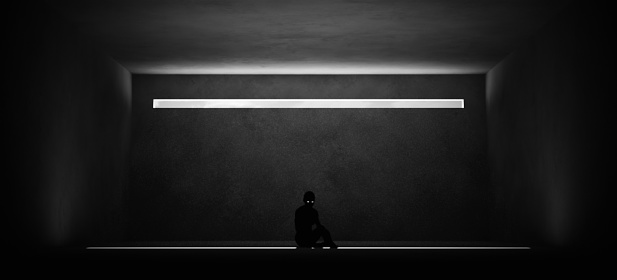 Woman Trapped Domestic Violence Relationship Nightmare concept Abuse Depression Sitting Alone in a Room with a Long Thin Window Black and White Low Key Mental Health 3d illustration render