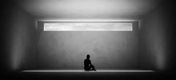Woman Trapped Domestic Violence Relationship Nightmare concept Abuse Depression Sitting Alone in a Room with a Small Long Narrow Window Black and White Low Key Mental Health 3d illustration render