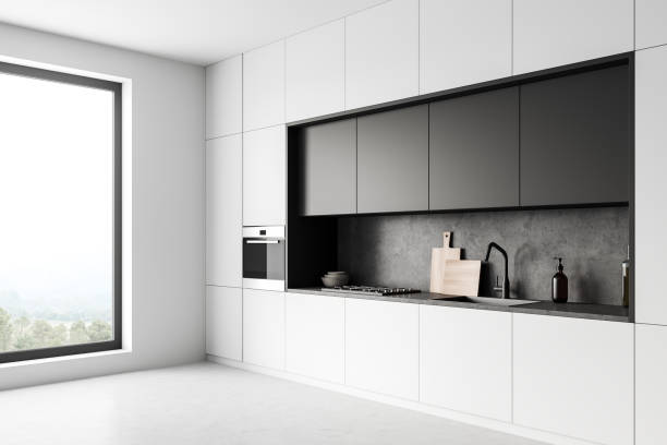 istock Light cooking set interior with shelves and appliances, concrete floor 1397503972