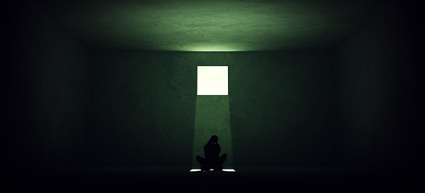 Woman Trapped Domestic Violence Relationship Nightmare concept Abuse Depression Sitting Alone in a Room with a Small Square Window Dark Green Low Key Mental Health 3d illustration render