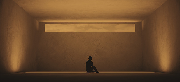 Woman Trapped Domestic Violence Relationship Nightmare concept Abuse Depression Sitting Alone in a Room with a Small Long Narrow Window Sandy Dusty Tan Low Key Mental Health 3d illustration render