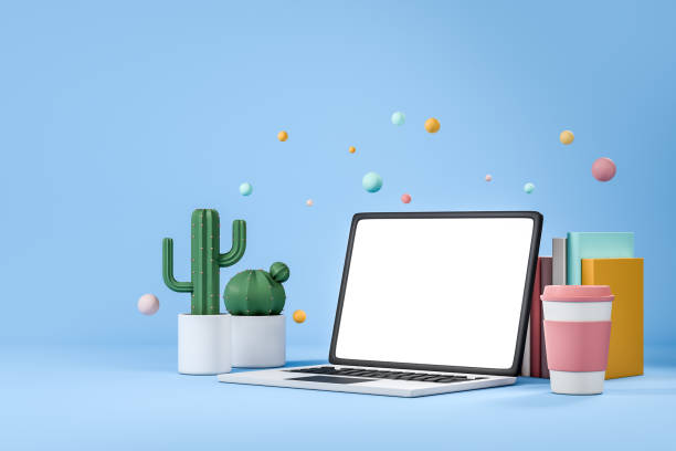 istock Laptop with mockup screen, workspace with books, education. Mockup 1397504151