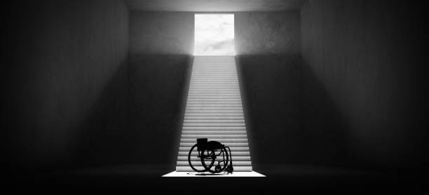 車椅子 シルエット モビリティ アクセシビリティ 階段 ステップ 身体障害者 毎日の挑戦 白黒 - staircase walking office steps ストックフォトと画像