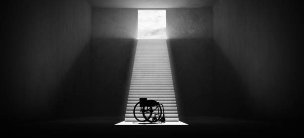 Wheelchair Silhouette Mobility Accessibility Stairs Steps Physical Disability Everyday Challenge Black and White 3d illustration render