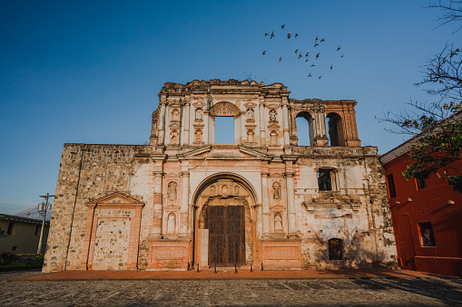 Scenic view of ruined  church in Antigua, Guatemala Antigua city at sunrise