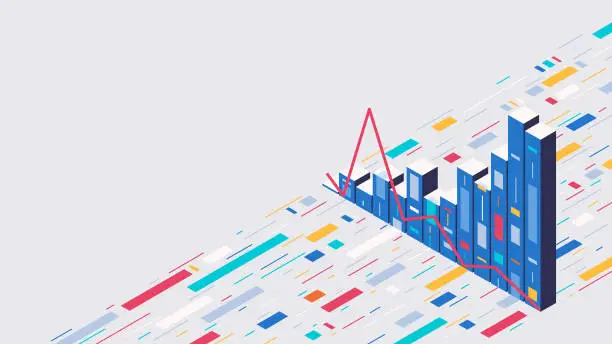 Vector illustration of Data and statistics flow on an isometric backdrop.