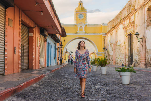 Woman walking in Antigua stock photo