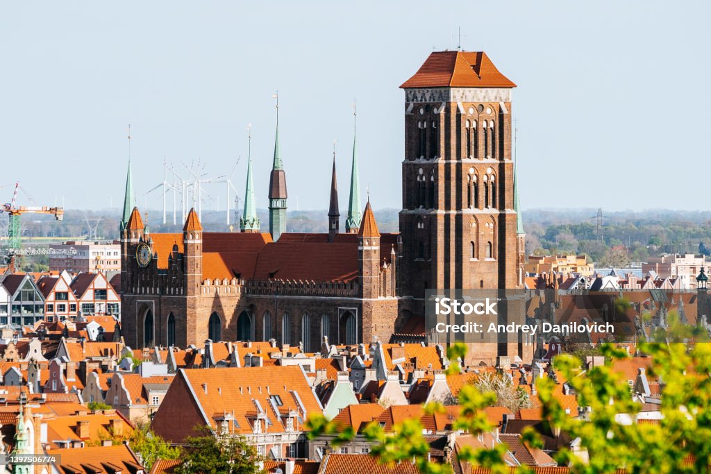 Aerial view of St. Mary's Church in Gdansk old town. Panorama of Gdansk St. Mary's Church in a sunny day. View from above. Aerial View Stock Photo